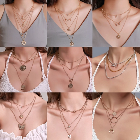 Collar Multicapa Retro Europeo Americano para Mujer Aleación Oro Plata Colgante Corazón Mariposa Moneda Joyería Cadena Clavícula