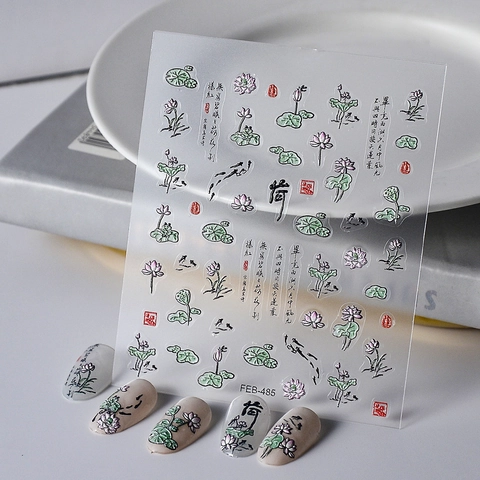 Autocollants Ongles Relief 5D Style Encre De Chine Lotus Carpe Koï Design Imperméable Décoration Manucure Pour Femmes