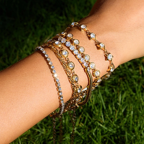18K Gold Plated Stainless Steel Bracelet For Women White Cubic Zirconia Snake Chain Heart Star Geometric Jewelry Gift