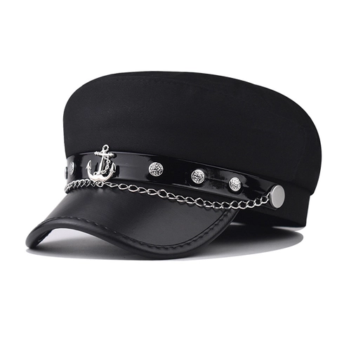 Vintage Seemannsmütze Für Damen Fiddler Cap Mit PU Lederkrempe Metallkette Silberner Anker Anhänger Militär Mode