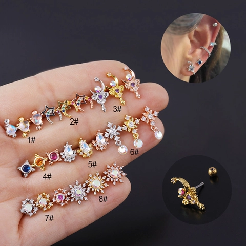 Stainless Steel Copper Zirconia Piercing Stud Earrings Moon Star Heart Flower Cartilage Earrings For Women Men Fashion Jewelry