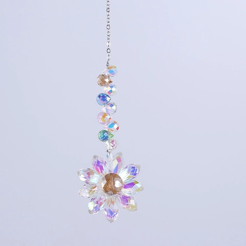 Crystal Flower Suncatcher Rainbow Maker Prism Hanging Ornament For Window Garden Decoration Faceted Beads Metal Chain