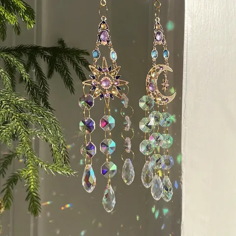 Crystal Suncatcher Wind Chime Sun Moon Heart Colorful Metal Prism Rainbow Maker Window Garden Hanging Home Decoration