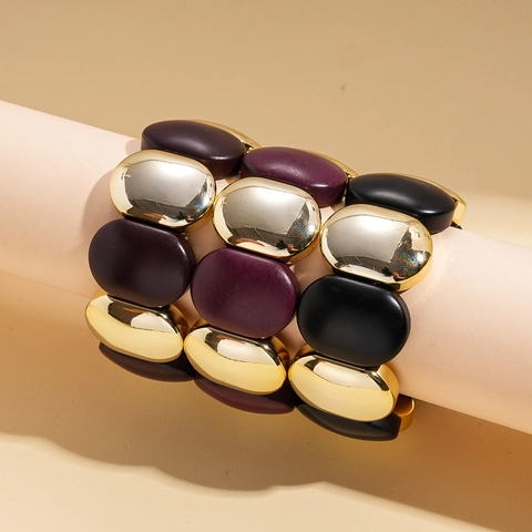 Retro Acrylic Alloy Geometric Oval Bead Elastic Wide Bracelet For Women Bohemian Contrast Color Hand Jewelry