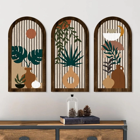 Arched Wood Wall Decor Plaques Poplar Wood Hollow Design Botanical Geometric Patterns Boho Style Living Room Home Art