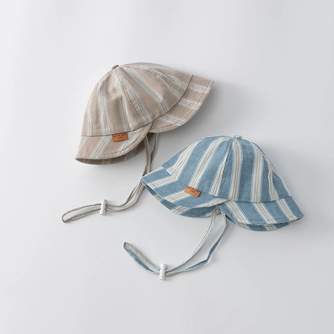 Baby Bucket Hat Striped Cotton Blend Sun Protection Windproof Adjustable Strap For Toddlers Infants Summer