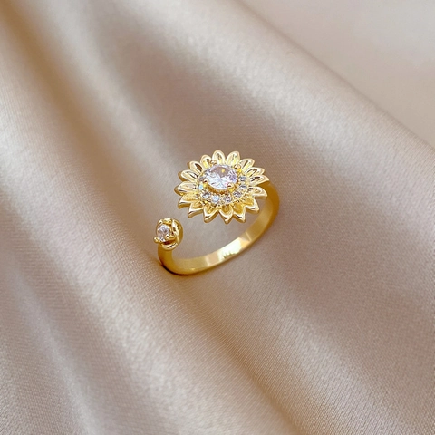 Sunflower Open Adjustable Ring Brass Gold Plated With Zircon Rhinestone Full Diamond Elegant Jewelry For Women