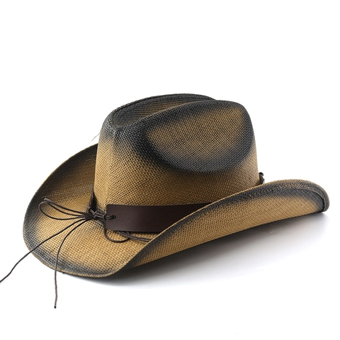 Western Cowboy Hat Paper Straw Wide Brim Sun Protection Outdoor Summer Vintage Bull Head Decor Men Women