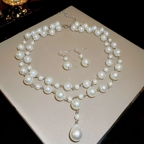 French Retro Imitation Artificial Pearl Double Layer Necklace And Teardrop Dangle Earrings Elegant Vintage Jewelry For Women