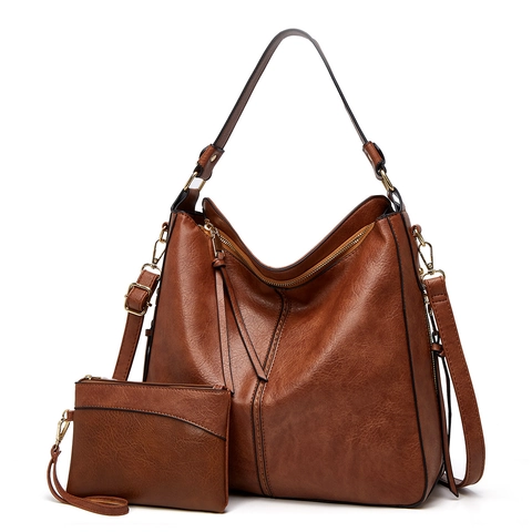 Large Capacity PU Leather Shoulder Bag Retro Tassel Hobo Tote With Matching Wristlet Pouch For Women