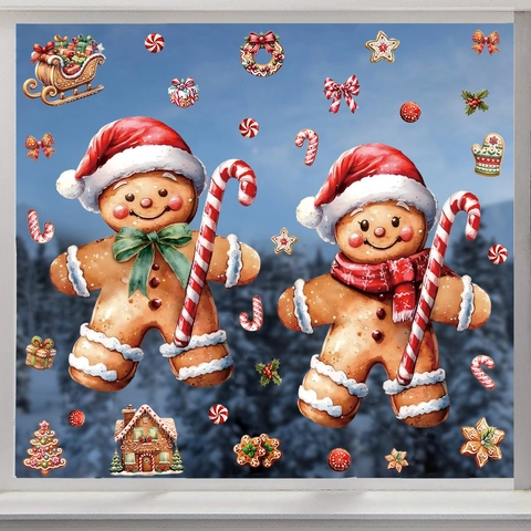 Christmas Window Stickers Gingerbread Man Candy House PVC Static Cling Decals Holiday Party Glass Decoration Removable