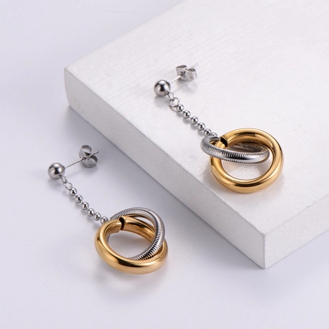 Two-Tone Interlocking Circle Drop Earrings 316L Stainless Steel 18K Gold Plated Minimalist Elegant Geometric For Women
