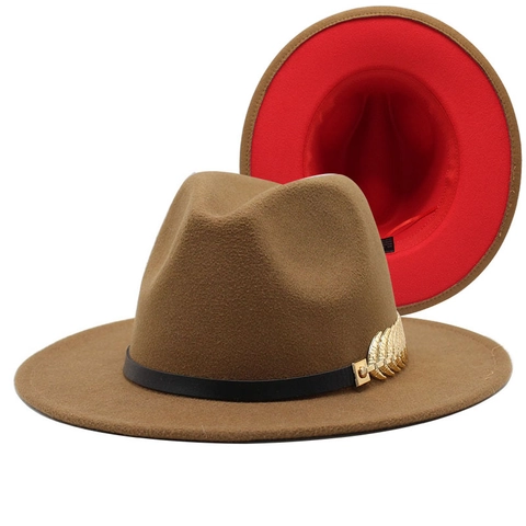 Wide Brim Fedora Hat Bicolor Contrast Interior Jazz Cap Cotton Polyester Blend With Gold Metal Leaf Buckle Vintage Style