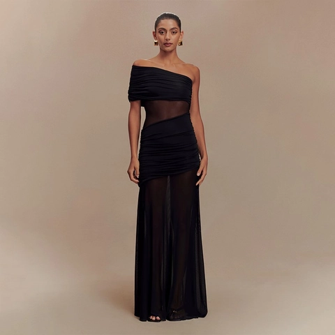 Robe Longue Élégante Pour Femmes Avec Patchwork En Maille Une Épaule Froncée Couleur Unie Coupe Slim Soirée Sexy