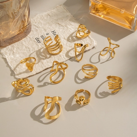 Anillos Abiertos De Línea Geométrica Irregular De Acero Inoxidable Chapado En Oro De 18K Joyas Estéticas Minimalistas Para Mujeres