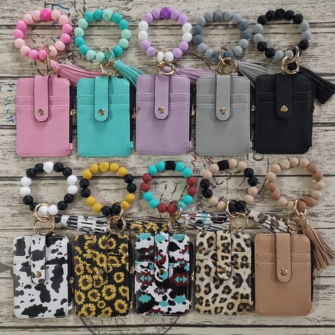 Keychain Card Holder Wallet With Silicone Bead Wristlet Bracelet And Tassel PU Leather For Women Travel Office