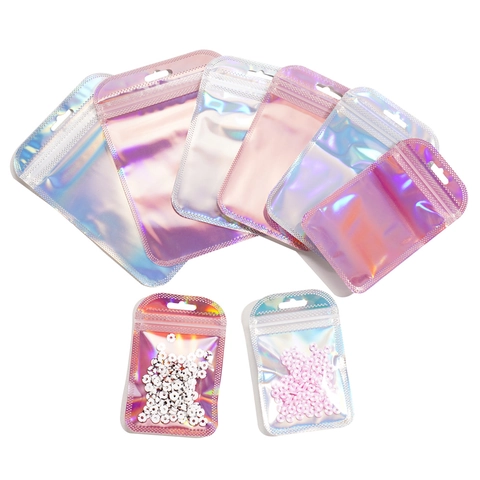 Holographic Laser Packaging Bags Resealable Plastic Zipper Pouch For Jewelry Storage DIY Accessories Shiny Display