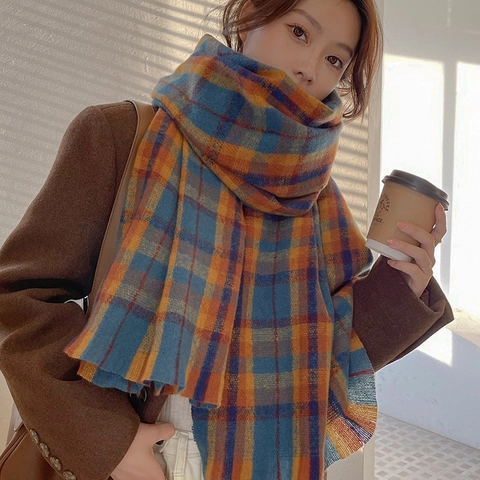 Grote Ruitjes Sjaal Voor Dames Dik Warm Winter Polyester Geweven Omslagdoek Met Kwastjes Mode