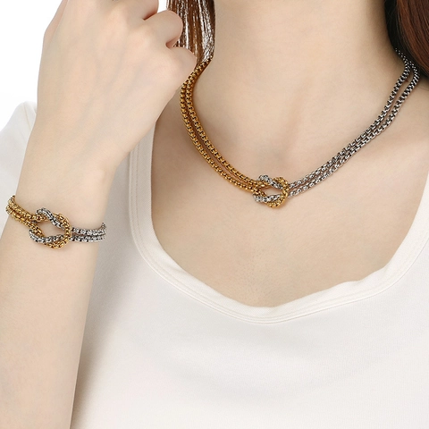 Collana E Bracciale Annodati Acciaio Inossidabile Bicolore Catena Box Geometrica Gioielli Di Moda Per Donna