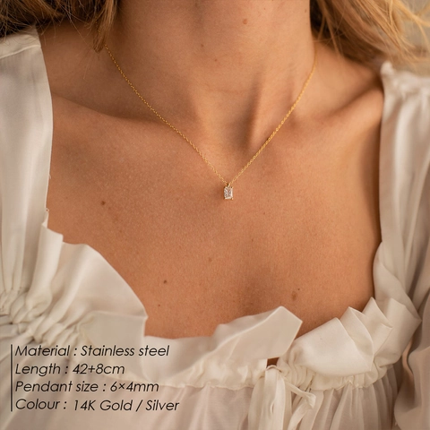 Collar Con Colgante De Circón Rectangular Minimalista Acero Inoxidable Chapado En Oro Joyería Fina Para Mujer Uso Diario