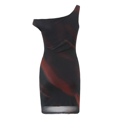 Ein-Schulter-Minikleid Asymmetrisches Mesh Tie-Dye Bodycon Ärmellos Slim Fit Sexy Clubwear Party-Outfit Für Damen