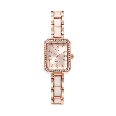 Elegante Orologio Al Quarzo Rettangolare Da Donna Con Lunetta In Strass E Cinturino In Lega E Ceramica