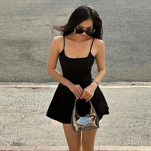 Sexy Black Polyester Cami Mini Dress Square Neck Lace Trim Slim Fit Spaghetti Strap Split Hem Streetwear For Women