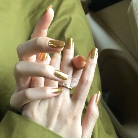 Mirror Gold Press On Nails Medium Lang Vierkant Rond Metaal Chroom Kunstnagels Waterdicht Verwijderbare Manicure Accessoires