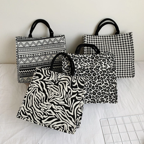 Borsa Tote In Tela Chic Da Donna Grande Capacità Borsa A Spalla Stampata Pied De Poule Leopardo Shopping Quotidiano Minimalista