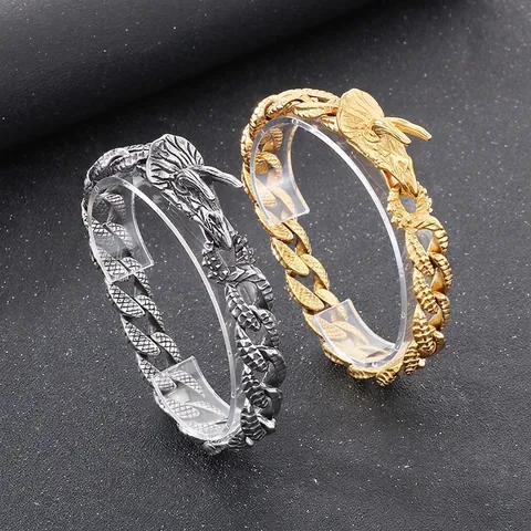 Pulsera De Cadena Cubana Con Cabeza De Dragón Retro Punk Acero Inoxidable Joyería Para Hombre
