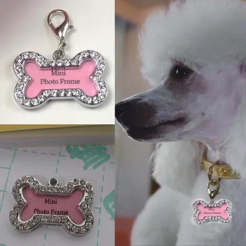Bone Shaped Pet ID Tag Alloy Rhinestone Mini Photo Frame Pendant Dog Collar Charm Sparkling Silver Pink Identification