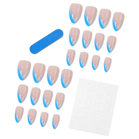 Franse Tip Press On Nails Amandelvorm Geometrische Blauw Wit Patchwork Plastic Kunstnagels Voor Vrouwen