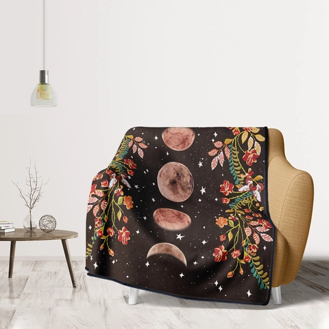Bohemian Flannel Blanket Vintage Moon Phases Flower Pattern Fleece Sofa Throw Cozy Home Decor Lightweight Warm Bedding Blanket