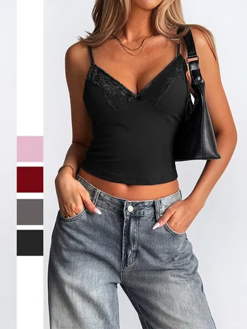Damen Cami Tank Top Spitze V-Ausschnitt Gerippt Schleife Y2K Sexy Ärmellos Sommer Slim Fit