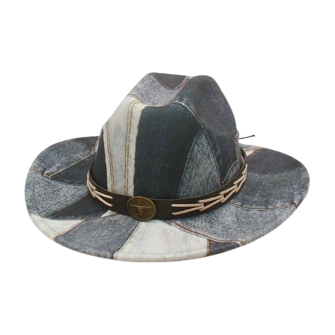 Retro Western Cowboy Hut Patchwork Denim Baumwolle Lederband Bullenkopf Metall Deko Distressed Breite Krempe Vintage