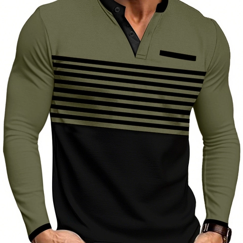 T-shirt Henley Homme Manches Longues Color Block Rayé Tricot Respirant Décontracté Slim Fit