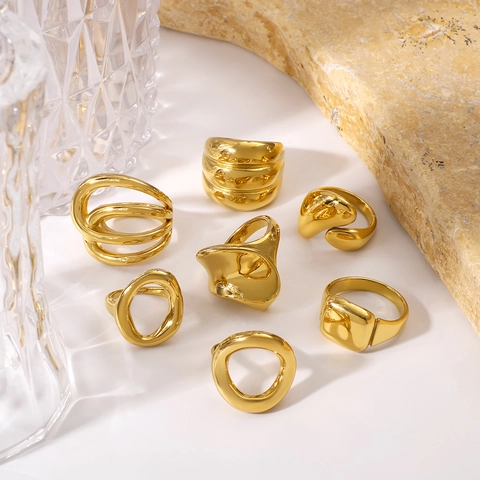 Edelstahl Ring 18K Vergoldet Unregelmäßig Geometrisch Ausgehöhlt Offen Verstellbar Chunky INS Stil Für Damen