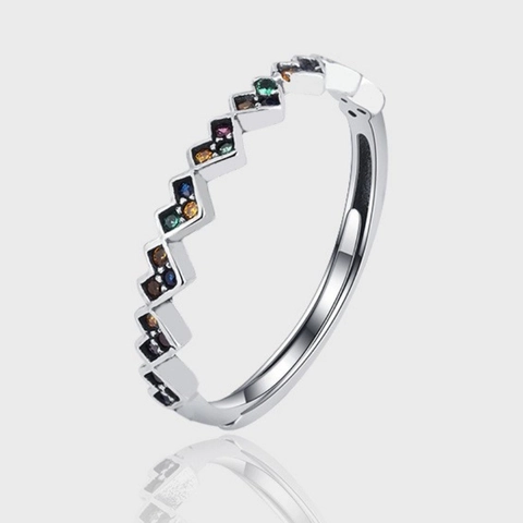 Zigzag Wavy Rainbow Ring 925 Sterling Silver Colorful Zircon Sparkling Stackable Fashion Jewelry For Women