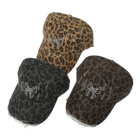 Baseball Cap Leopard Print Rhinestone Butterfly Distressed Cotton Canvas Adjustable Hat For Women Streetwear