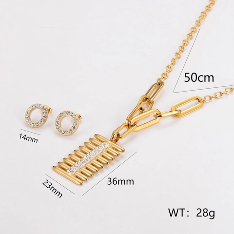 304 Stainless Steel Necklace And Stud Earrings 18K Gold Plated Rhinestone Enamel Rectangular Geometric Pendant For Women