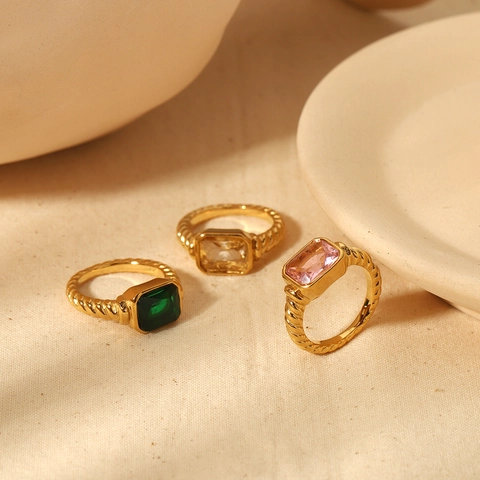 Roestvrijstalen Ring 18K Verguld Rechthoekige Edelsteen Gedraaide Touwband Vintage Sieraden Voor Vrouwen Elegant Retro