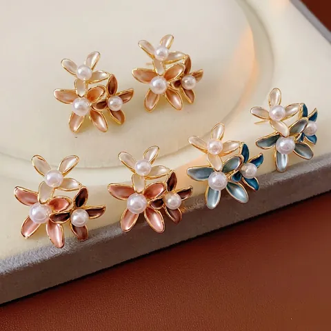 Vintage Blumen Ohrstecker Mit Emaille Blütenblättern Künstlichen Künstliche Perlen Und 925 Sterling Silber Ohrstecker Für Damen