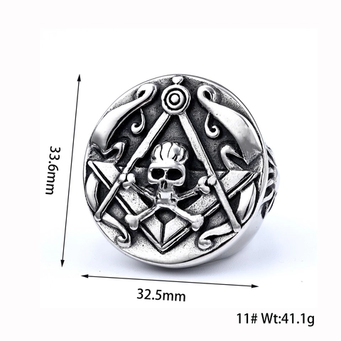 Masonic Skull Ring Stainless Steel Retro Punk Gothic Crossbones Revolver Poker Motif Jewelry For Men