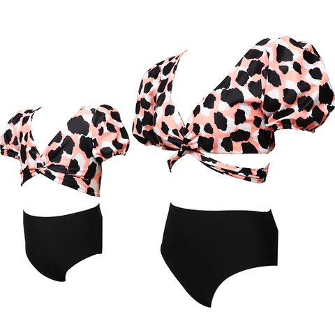 Pofmouwen Bikini Badpak Hoge Taille V-Hals Wikkel Tropische Bladeren Luipaardprint Nylon Badmode Voor Dames