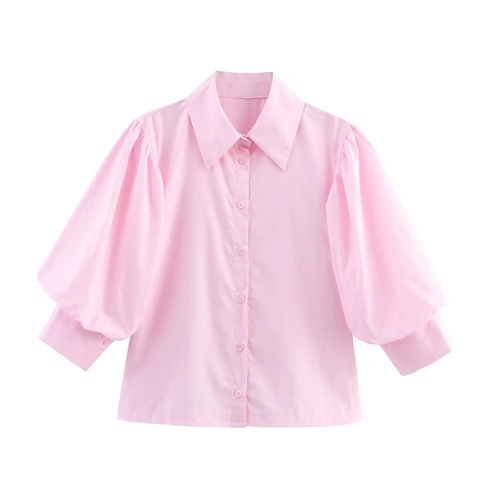 Elegante Shirt Met Pofmouwen Voor Dames Blouse Met Knopen Casual Effen Gestreept Mode Tops