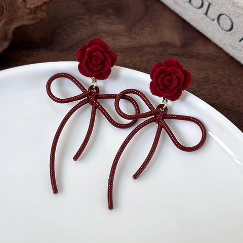Red Flocking Rose Flower Bow Drop Earrings With 925 Sterling Silver Earring Post Vintage French Style Women