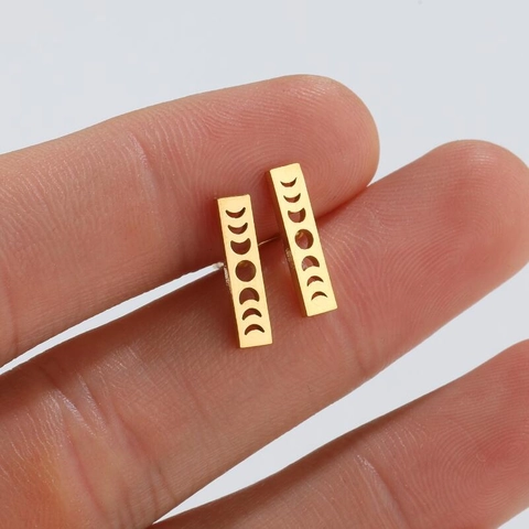 Minimalist Moon Phase Hollow Rectangle Stud Earrings Stainless Steel Geometric Celestial Jewelry Gift For Women