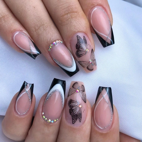 Unghie Finte Press On Farfalla Strass Lunghe Coffin Nero Bianco French Tip Glitter Argento Sweet Cool Y2K