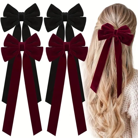 Pinza Para El Pelo Con Lazo De Terciopelo Cintas Largas Elegante Horquilla De Cinta Tocado Dulce Retro Para Mujeres Niñas