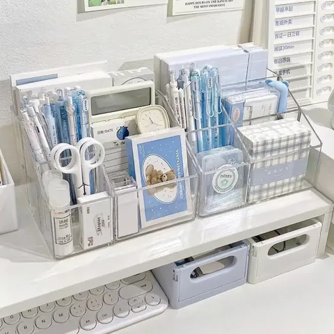 Transparent Acrylic Pen Holder Desktop Organizer Multi Compartment Storage Box For Office Stationery High Capacity